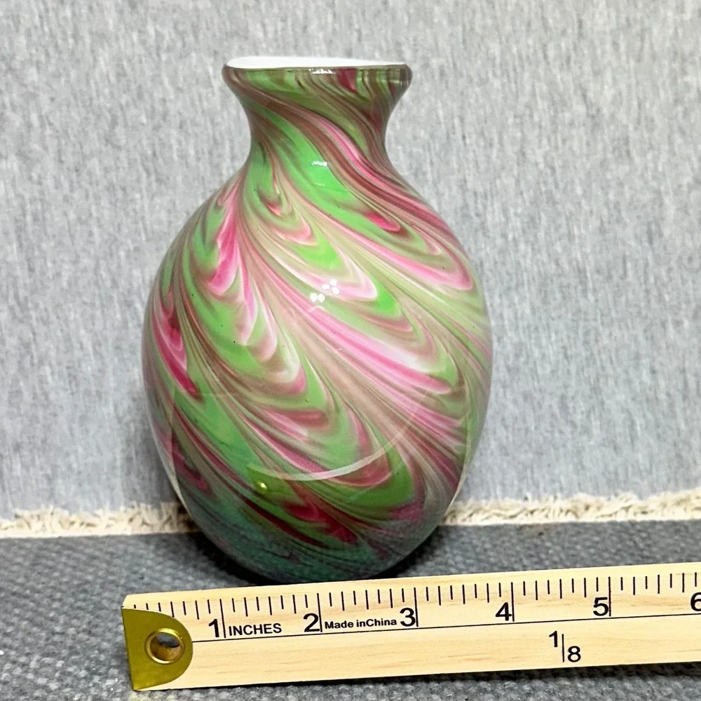 Burton Hand Blown Art Glass Bud Vase Pink Green White Swirl Marbled 6 Inch